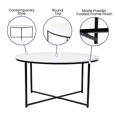 35.5" Round White Wood & Matte Black Metal Coffee Table