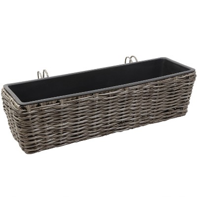 Sunnydaze Hanging Rectangle Polyrattan Rail Planter with Plastic Liner - 23.5" W x 7.5" D x 6.5" H - Gray