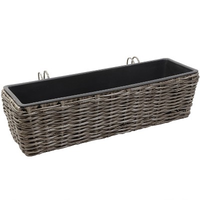 Sunnydaze Hanging Rectangle Polyrattan Rail Planter with Plastic Liner - 23.5" W x 7.5" D x 6.5" H - Gray