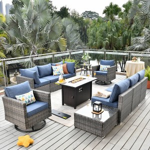 Ovios Venice 11pc Wicker Outdoor Patio Furniture Set Conversation Sofa with a Metal Fire Pit, Swivel Chairs and Cushions - 1 of 4