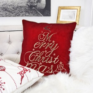 YOOCOZZ Christmas Trendy Bedding Decor, Household Supplies - Red Velvet Christmas Throw Pillow with Merry Christmas Embroidery, 20x20 with Insert - 1 of 4