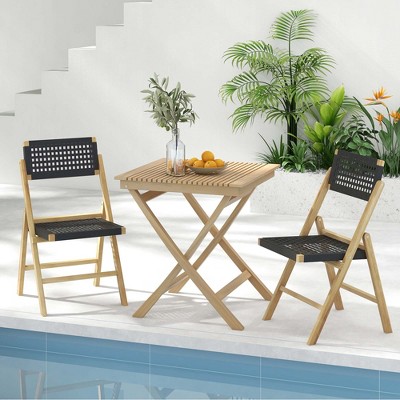Natural Teak Wood Folding Patio Chairs with Black Woven Rope Seat, Set of 2