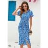 Coolmee Women's Boho Floral Dress V Neck Short Sleeve Ruched Bodycon Dress High Wsaist With Hem Beach Dress Tied - 2 of 4