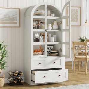72" Tall Arched Kitchen Pantry Cabinet, Farmhouse Wood Pantry Storage Cabinet with 2 Large Drawers, Glass Door - 1 of 4