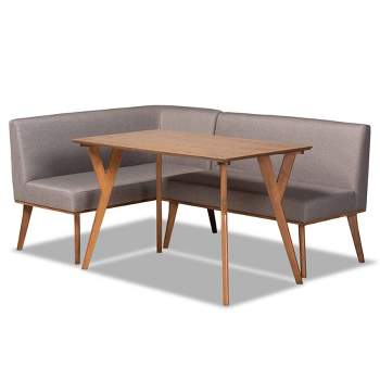 3pc Odessa Mid-Century Modern Fabric Upholstered Wood Dining Nook Set Walnut/Brown/Gray - Baxton Studio