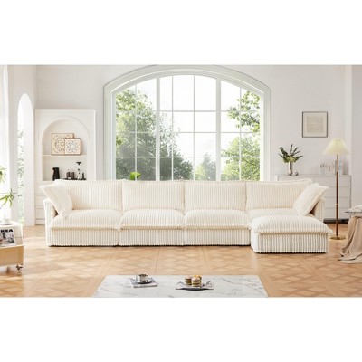 NicBex Couches for Living Room L-Shaped 4 Seat Sectional Comfy Sofa Modern Corduroy Upholstered Slipcovered Sofa Couch with Convertible Ottoman, Cream