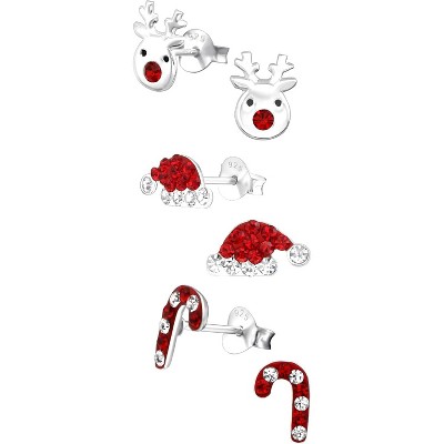Sterling Silver Christmas Collection - 3 Pairs of Crystal Accented Studs with Festive Candy Cane Designs