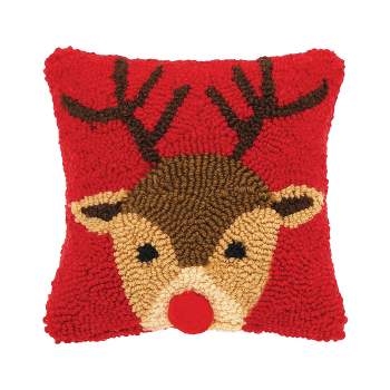 C&F Home 8' x 8' Christmas Peek-A-Boo Red Nose Reindeer on Red Background Petite Accent Hooked Throw Pillow