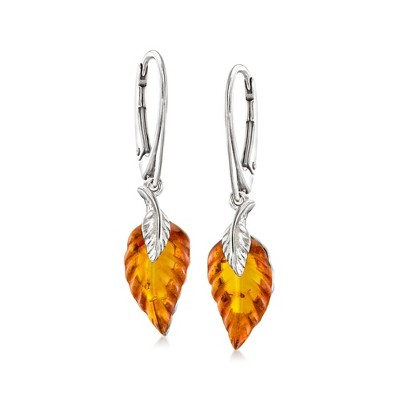 Ross-Simons Amber Leaf Drop Earrings in Sterling Silver
