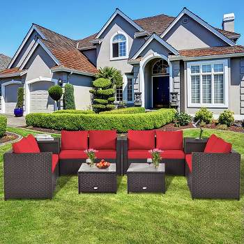 Costway 8PCS Outdoor Patio Rattan Furniture Set Cushioned Loveseat Storage Table Red\Navy