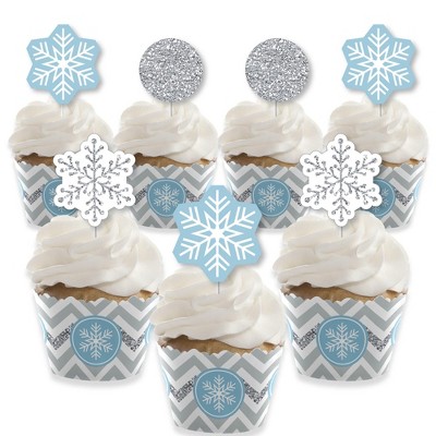 Big Dot of Happiness Winter Wonderland - Cupcake Decoration - Snowflake Holiday Party & Winter Wedding Cupcake Wrappers & Treat Picks Kit - Set of 24