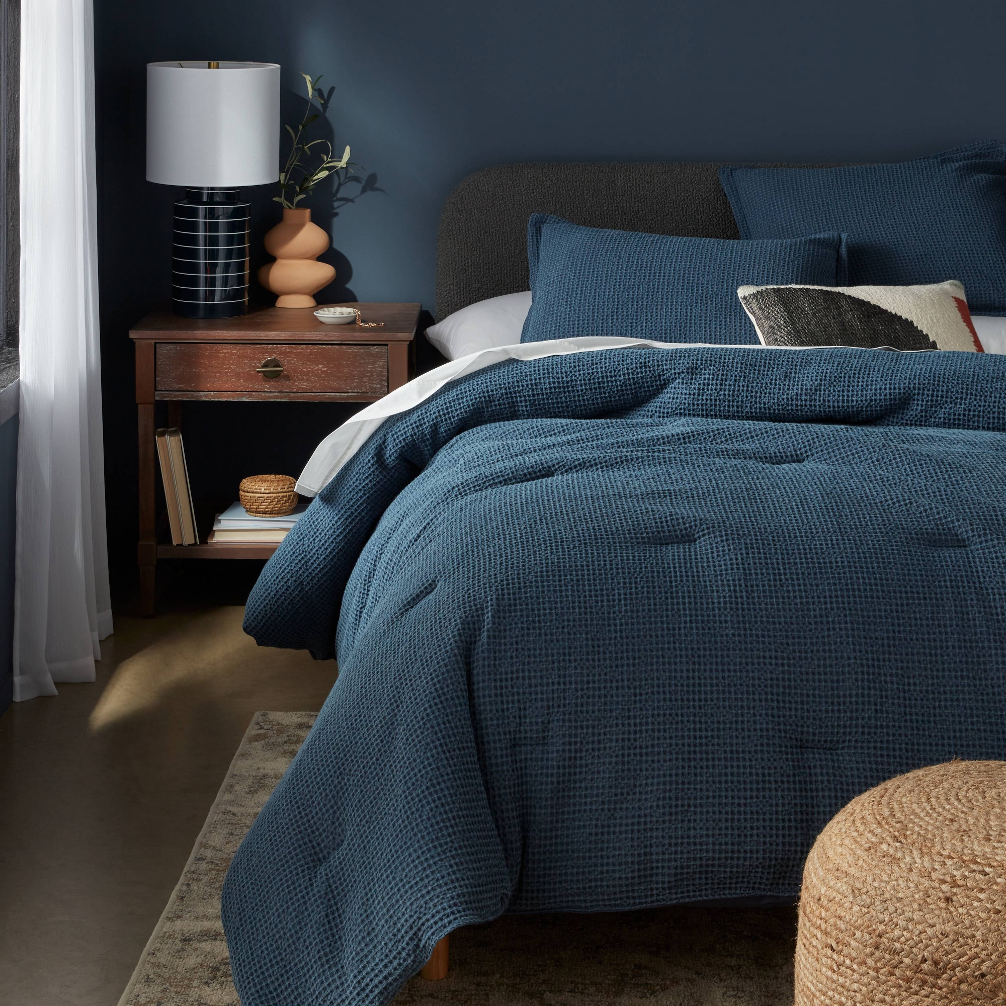Full/Queen Washed Waffle Weave Comforter and Sham Set Navy Blue - Threshold™