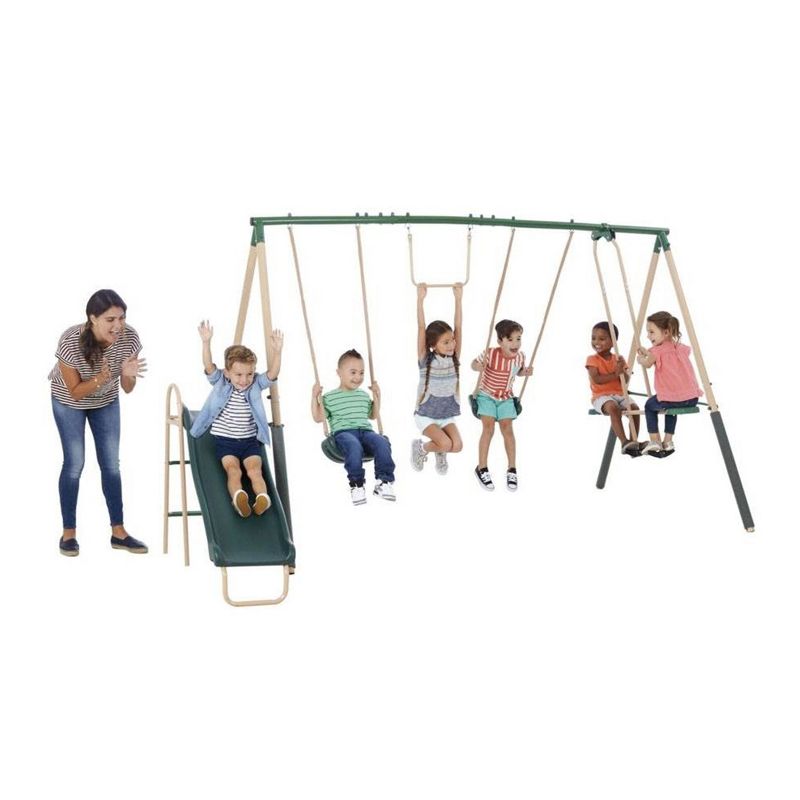 XDP Recreation Central Park Swing Set, 6 Child Capacity, Backyard Playset with Slide, Trapeze Swing, Fun-Glider, and 2 Traditional Swing Seats, Green, 2 of 7