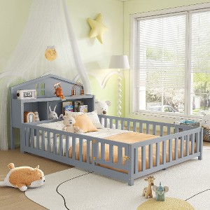 Lyngins Full Size Kids' Platform Bed Frame with Fence & Open/Close Small Door, Montessori Floor Bed Frame with Support Slats, Wooden Toddler Bed - 1 of 4