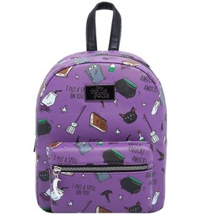 Disney Hocus Pocus Spell Book Binx Cauldron AOP Faux Leather Mini Backpack Bag Purple - 1 of 4