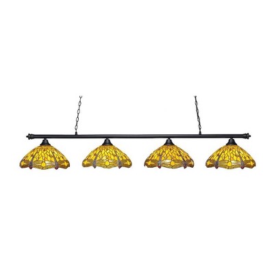 Toltec Lighting Oxford 4 - Light Island Pendant Light in  Matte Black with 16" Amber Dragonfly Art Glass Shade
