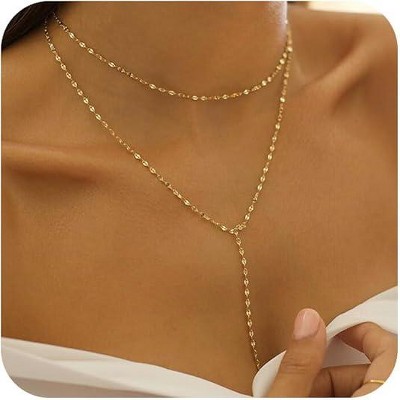 Lariat Gold Necklace for Women: 14K Gold Plated Dainty Y-Shaped Body-Chain Choker, Non-Tarnish Layered Pendant Gift