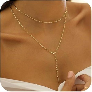 Lariat Gold Necklace for Women: 14K Gold Plated Dainty Y-Shaped Body-Chain Choker, Non-Tarnish Layered Pendant Gift - 1 of 4