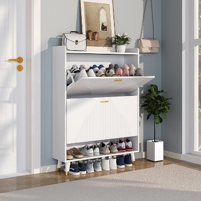 TiranisuBest Shoe Storage Cabinet with 2 Flip Drawers, Slim Wooden Freestanding Shoe Organizer with Shelf for Entryway Hallway–Holds 24 Pairs, Black