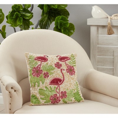 Beaded Flamingo Embroidered Cotton Square Pillow
