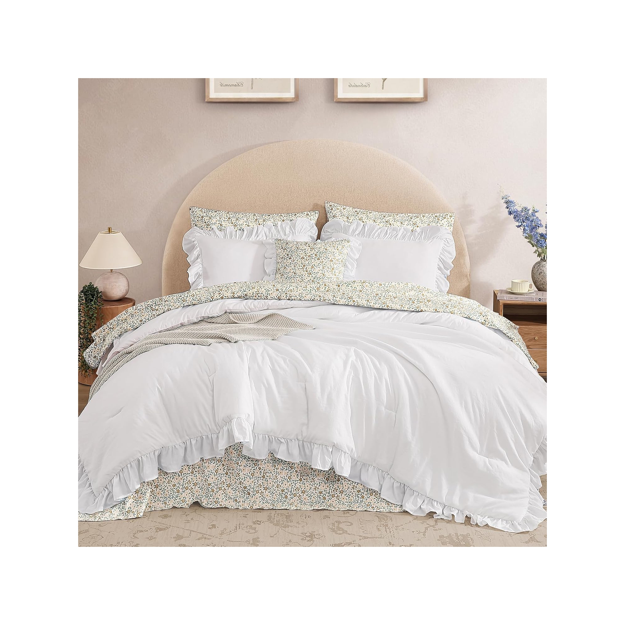 WHITE! BALHAM TRADE-Queen 7 Pieces Comforter Set Ruffle Sage Green with Sheets Pillowcases and Shams White-Queen 90"x90"