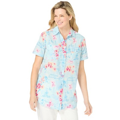 Woman Within Women's Plus Size Short-Sleeve Cotton Campshirt