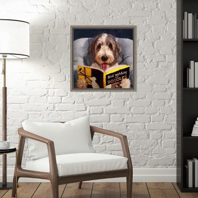 Dog Reading Bird Watching Book Framed Canvas Print