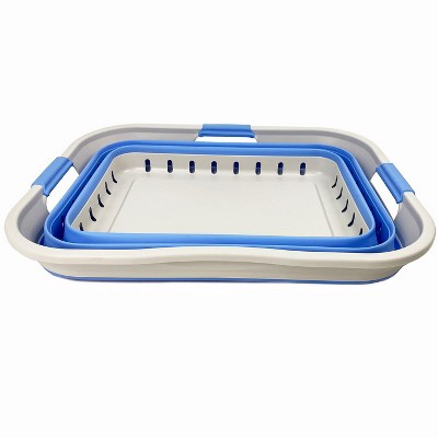 Grey and Crystal Blue Collapsible Plastic Laundry Basket with Handles