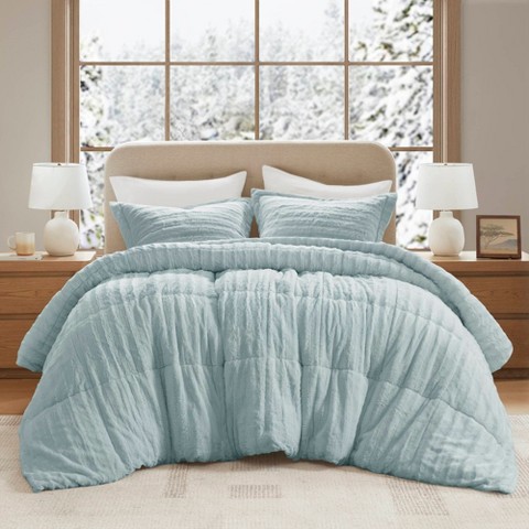 Madison Park Solid Color Faux Fur Ribbed Comforter Set, Elegant Box Quilting Design Luxury Style Bedding Set, Aqua, King/Cal King