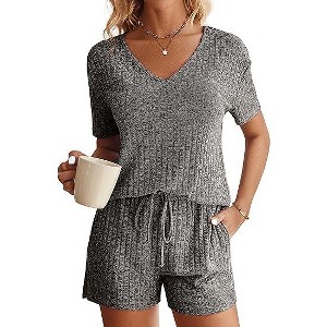 Ekouaer Womens Ribbed Knit Lounge Set Short Sleeve Top and Shorts Sleepwear Pajama Set Two Piece Shorts Outfits Set - 1 of 4