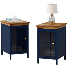 Modern Nightstand with Storage Cabinet and Solid Wood Tabletop, Iron Beside Table Coffee Table with Tempered Glass Door - 1 of 4