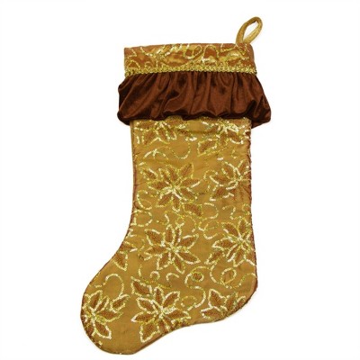 19" Gold and Brown Sequined Floral Christmas Stocking
