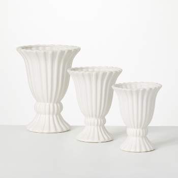 Sullivans Matte White Ribbed Ceramic Urn Set of 3, 10"H, 8"H & 7"H White