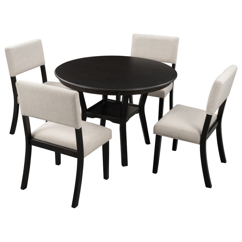 5-Piece Kitchen Dining Table Set Round Table with Bottom Shelf and 4 Upholstered Chairs, Espresso+Beige-ModernLuxe, 4 of 8