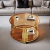 Modern Mirror Coffee Table, Asymmetrical Metal, Circular Metal Drum Base, Gold Finish & Lower Shelf - Leovsnove - 2 of 4