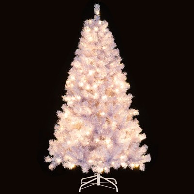 Tangkula 6FT Pre-lit Artificial Christmas Tree Hinged Xmas Tree with 688 Branch Tips 250 Warm White LED Lights 8 Lighting Modes and Metal Stand