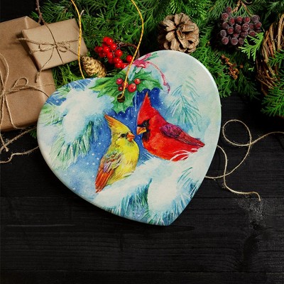 Watercolor Cardinal Mistletoe Heart Porcelain Christmas Ornament