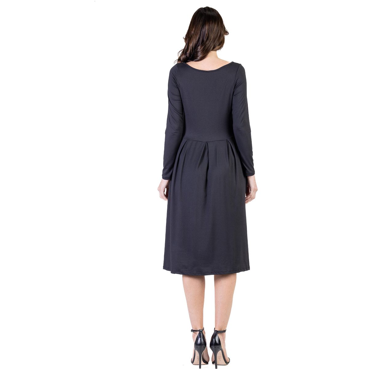 Womens Round Neck Long Sleeve Pleated Fit N Flare Pocket Midi Dress - 24seven Comfort Apparel™ - thumbnail 9