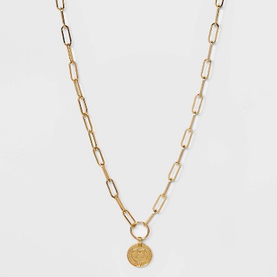18" Paperclip Chain Necklace with Medallion - A New Day™ Metallic Gold