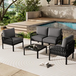 Modern Patio Loveseat and Coffee Table Set with Thick Black Cushions, Weather-Resistant Plastic Frame for Outdoor Lounge Area-3irtyhousy - 1 of 4