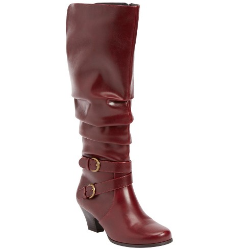 Women's Extra Wide Calf Buckle Slouch Low-wedge Boots 