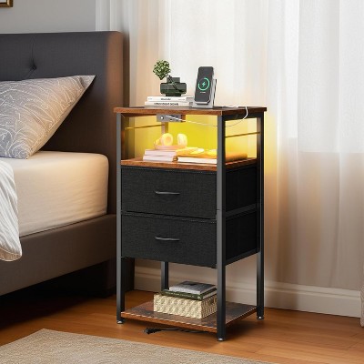 Tall Nightstand with Charging Station and LED Lights, Bedside Table with Fabric Drawers