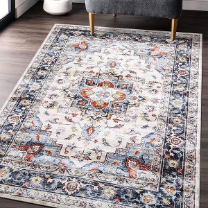 Vintage Boho Washable Area Rugs Soft Medallion Distressed Rug Carpet, 5'x7' Blue/Multi - 1 of 4