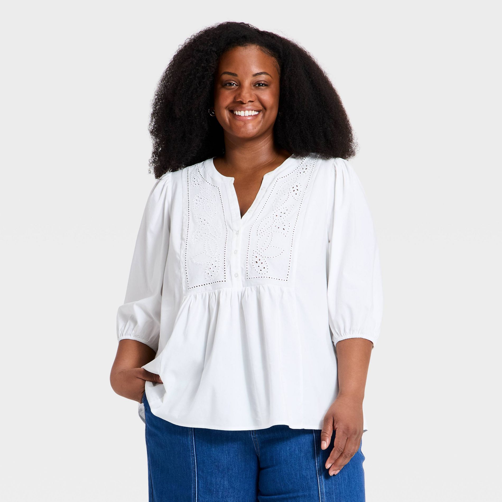 Women's Balloon 3/4 Sleeve Button-Front Embroidered Deep V-Neck Top - Ava & Viv™ Ivory