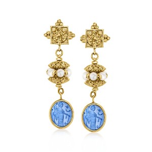 Ross-Simons Italian Tagliamonte Blue Venetian Glass and 4-4.5mm Cultured Pearl Drop Earrings in 18kt Gold Over Sterling - 1 of 4