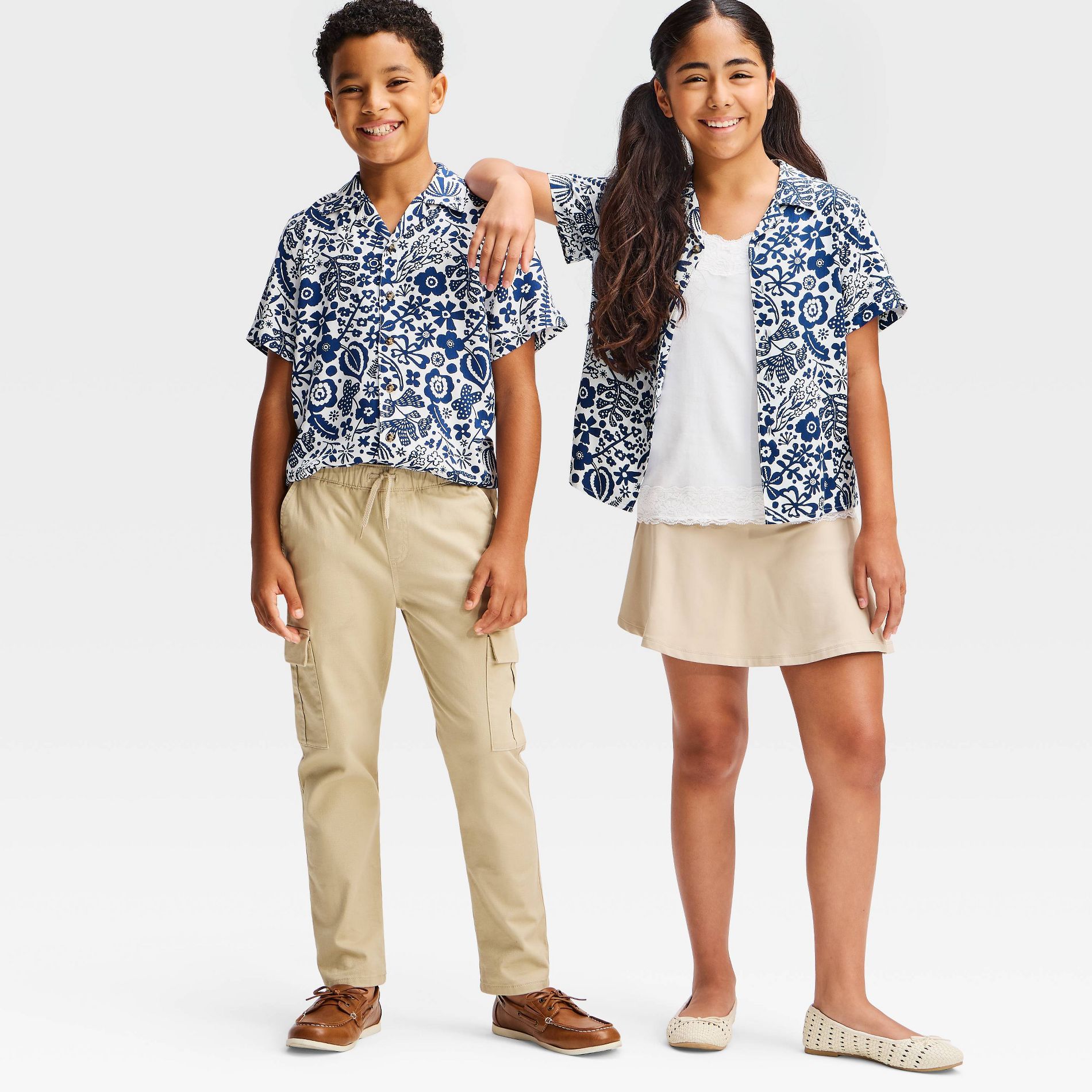 Latino Heritage Month Kids' Woven Short Sleeve Collared Button-Down Shirt - Navy Blue Abstract