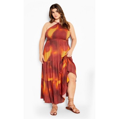 Women's Plus Size Tahiti Tie Dye Maxi Dress - tangerine | CITY CHIC