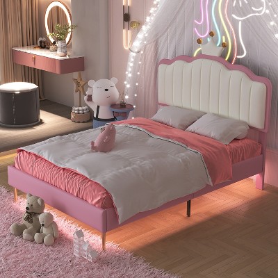 TIRAMISUBEST Twin/Full Size Upholstered Princess Bed with Crown Headboard, Kids Platform Bed Frame with LED Light
