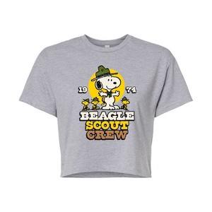 Women's - Peanuts - Snoopy Woodstock Beagle Scout Crew 1974 Cropped Graphic T-Shirt - 1 of 4