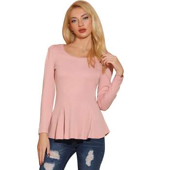 Allegra K Women's Long Sleeve Sleeves Scoop Neck Casual Peplum Shirt Top Pink X-Large